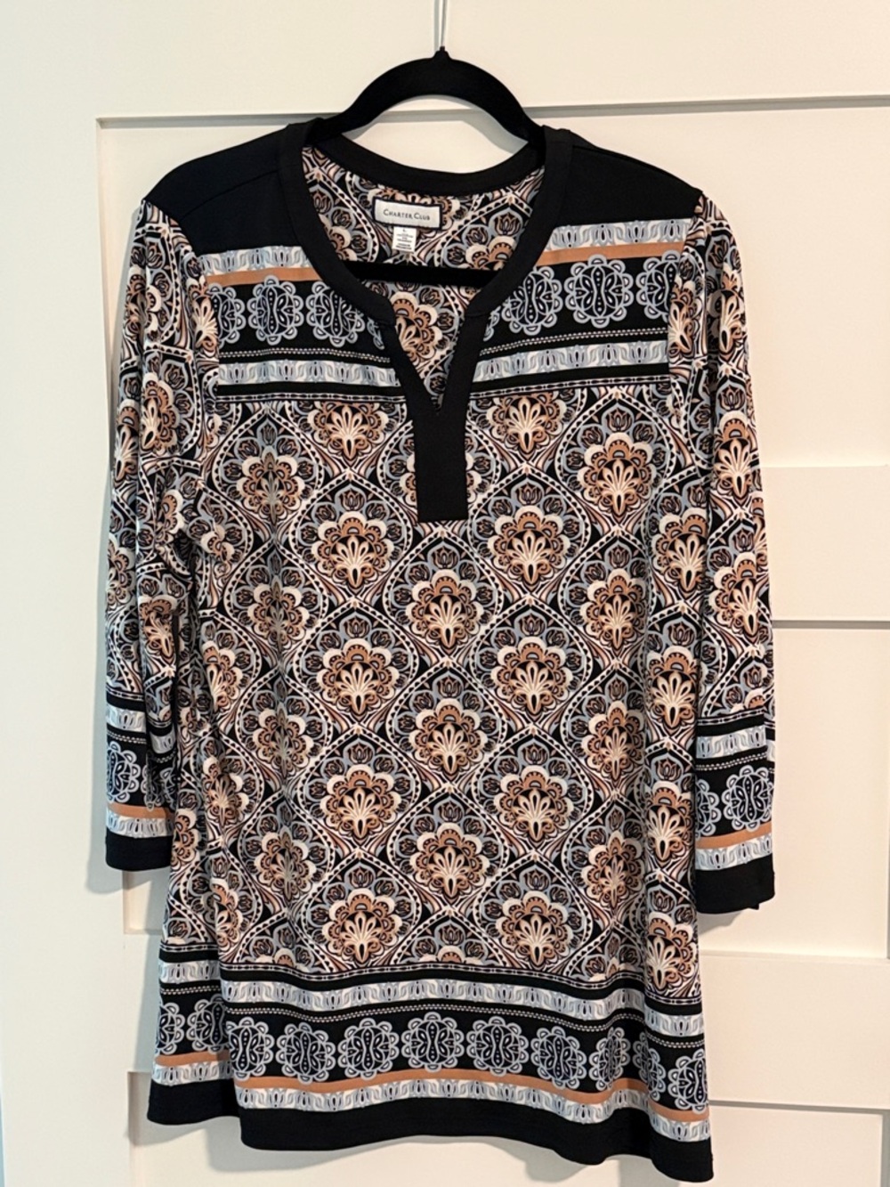 Chaus Black & Cream Printed Henley Tunic Top